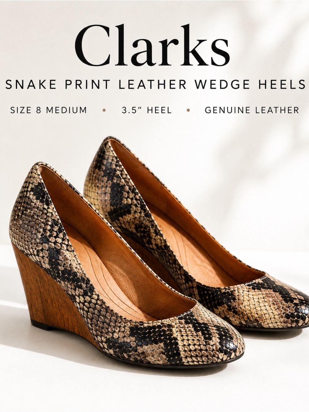 Clarks Snake Print Leather Comfort Wedge Heels Size 8M Career Office Pumps